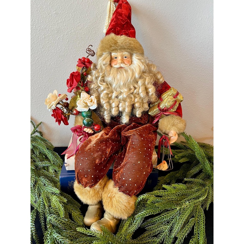 Vintage Santa Shelf/Book Sitter 23", Velvet, Old World Christmas Decor, Birdcage
